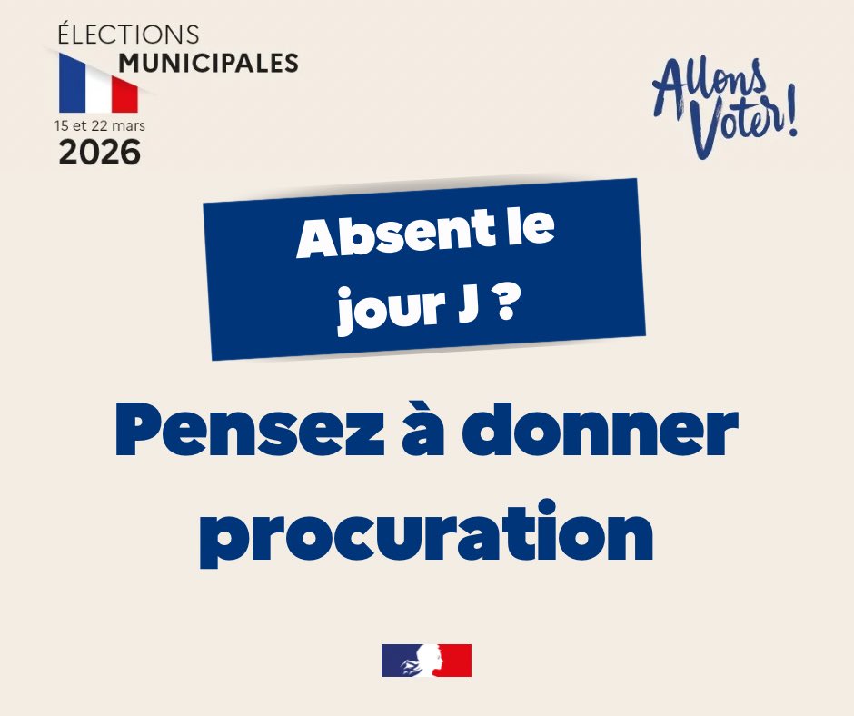 prefet59's tweet photo. #Élections #Municipales2026

𝐋𝐞 𝟏𝐞𝐫 𝐭𝐨𝐮𝐫 𝐝𝐞𝐬 𝐞́𝐥𝐞𝐜𝐭𝐢𝐨𝐧𝐬 𝐦𝐮𝐧𝐢𝐜𝐢𝐩𝐚𝐥𝐞𝐬 𝐚 𝐥𝐢𝐞𝐮 𝐜𝐞 𝐝𝐢𝐦𝐚𝐧𝐜𝐡𝐞.

🗳️ Si vous ne pouvez pas vous rendre au bureau de vote le jour du scrutin, vous pouvez donner procuration à une personne de confiance pour voter à votre place.

👉 Toutes les informations pratiques :
https://t.co/IWCUuIT3A7