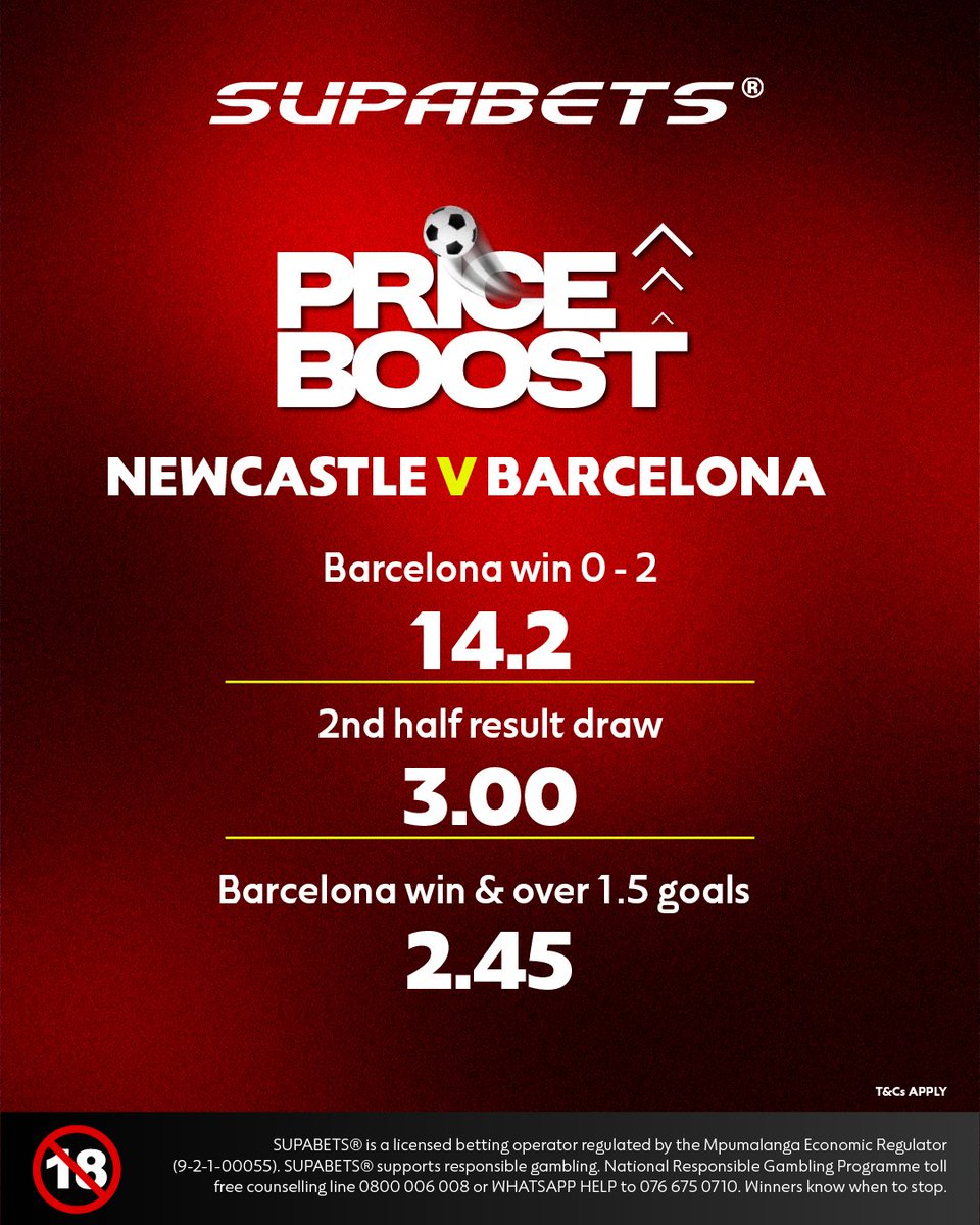 Supabets_mzansi's tweet image. NEWCASTLE ARE TOUGH &amp;amp; STUBBORN AT HOME!🧐WILL BARCA BE ABLE TO UNLOCK THEM?🧐

🚀 bit.ly/3UvaGbC ✅

#PriceBoost #UCL #NEWFCB #Supabets

18+ / Bet Responsibly