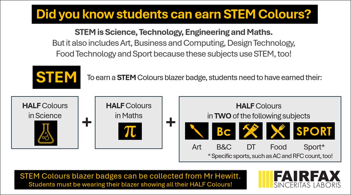 FAIRFAXBusComp's tweet photo. Have you earned your STEM Colours?  @FairfaxSchool @FFaxPrincipal @FairfaxMaths @FairfaxSciTech  @Fairfax_PE_Arts @FairfaxHouses https://t.co/ln7ISAw4QX