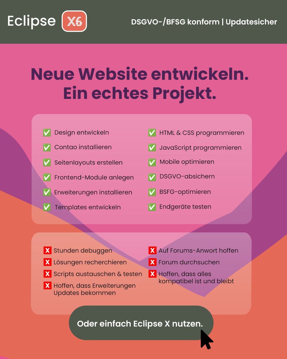 contaothemes's tweet image. Eine neue Website entwickeln heißt normalerweise:

Design, Templates, Module, DSGVO, BFSG, Mobile, Tests – und viel Zeit für Debugging.

Oder:

Eclipse X nutzen.

Kostenlos testen:
premium-contao-themes.com/testzugang-anf…

#contao_themes #contao #contaotheme #contaothemes #contao_themes
