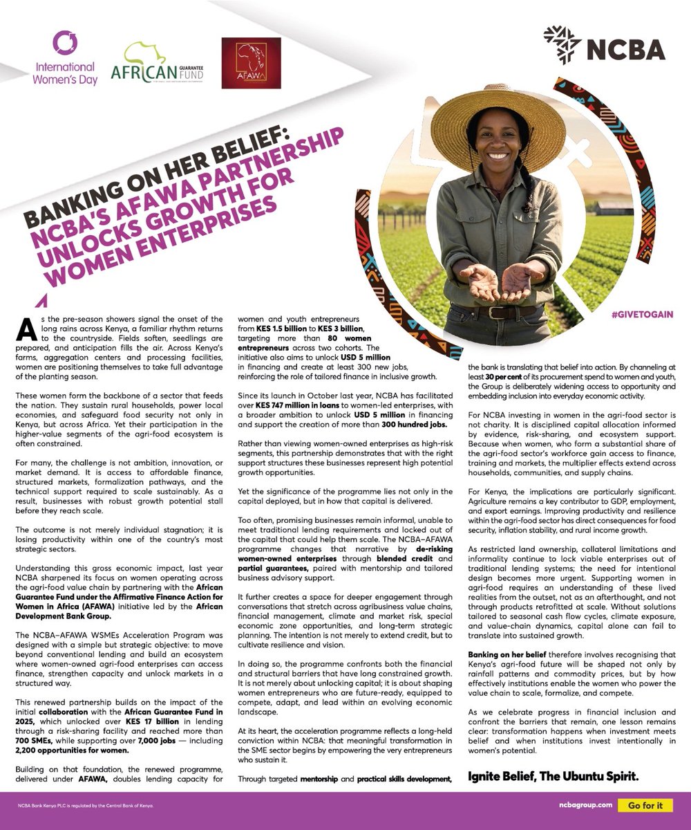 TheAbojani's tweet photo. The majority of SMEs don’t make it to their second birthday, and very few reach their fifth. 

Challenges such as poor financial management, limited access to financing, collateral constraints, and lack of technical skills contribute to this high failure rate.

To help SMEs build resilience and longevity, @NCBABankKenya, @AGF_Group, @UNGAGroupPLC, and the @smesupport_ke joined forces to launch the NCBA–AFAWA WSMEs Acceleration Program, a specialized initiative in Kenya aimed at empowering women-led small and medium-sized enterprises (WSMEs) operating in the agri-food value chain.  @AfDB_Group

Participants receive tailored capacity building, mentorship, technical one-on-one site visits, and access to market opportunities. 

Since its launch in October last year, NCBA has facilitated over KES 747 million in loans to women-led enterprises, with a broader goal of unlocking USD 5 million in financing and supporting the creation of over 300 jobs.

The initiative leverages a risk-sharing facility to facilitate lending and is part of a broader commitment by NCBA to support women-led businesses.

#AFAWA