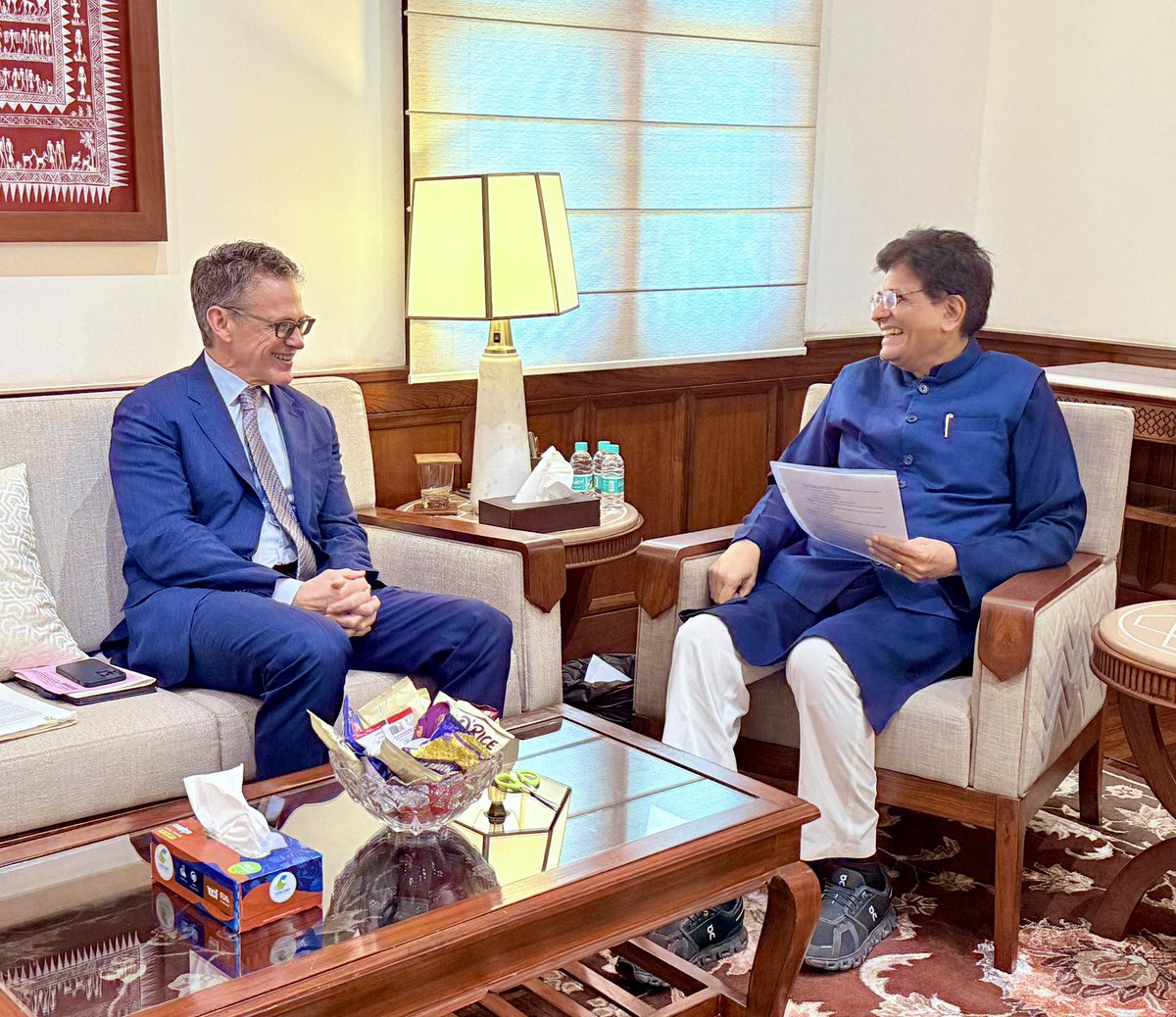 PiyushGoyal's tweet photo. Held a productive meeting with Mr. Bill Anderson, CEO of @Bayer.

Discussed opportunities to strengthen collaboration in the pharmaceutical &amp; life sciences sectors while highlighting the immense opportunities India offers. https://t.co/OZdjtLtzUD
