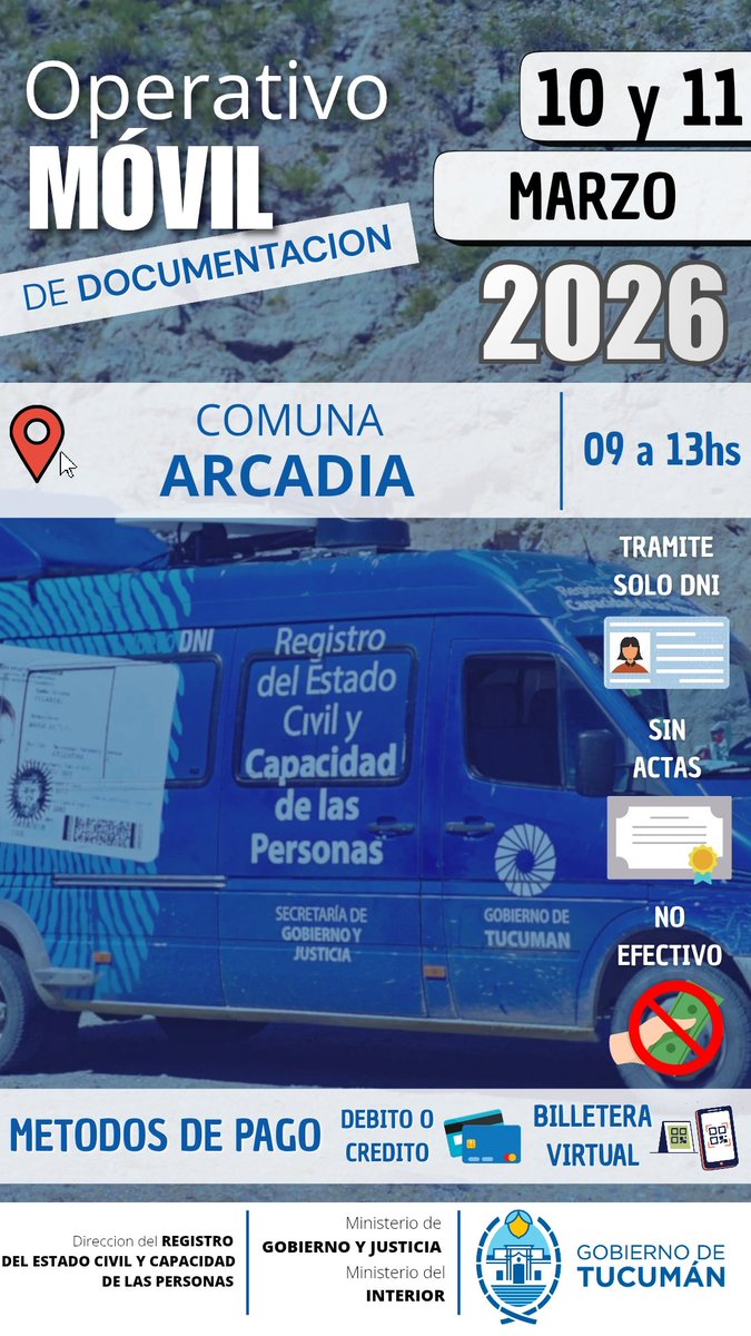Seguimos recorriendo la provincia con nuestro Operativo Móvil de Documentación siguiendo las directivas de nuestro gobernador Osvaldo Jaldo, el 10 y 11/03 estaremos en Comuna de ARCADIA.