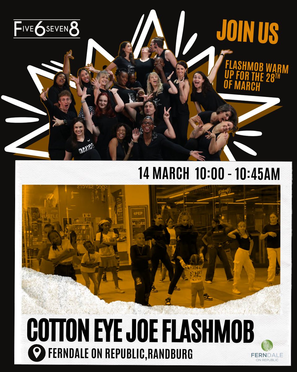 🤠 Cotton Eye Joe Flashmob Warm-Up!

🗓 14 March | ⏰ 10AM
Meet at Five6seven8 → Perform at Ferndale on Republic Mall

Warm-up for the BIG 28 March flashmob 🔥
Come dance with us.

#5678Flashmob #Randburg #DanceCommunity