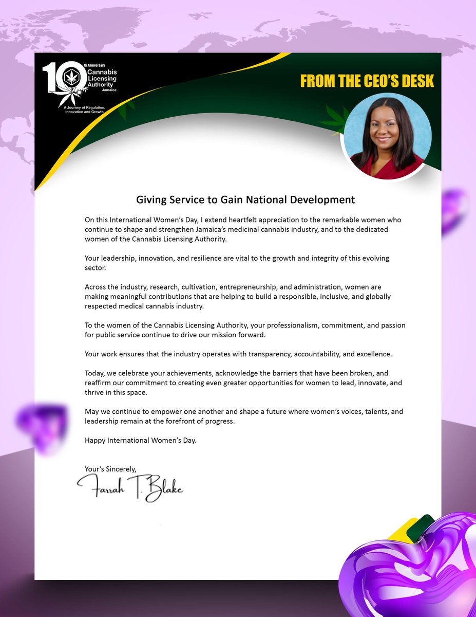 On this International Women’s Day, I extend heartfelt appreciation to the remarkable women who continue to shape and strengthen Jamaica’s medicinal cannabis industry, and to the dedicated women of the Cannabis Licensing Authority.

#IWD2026 #GivetoGain