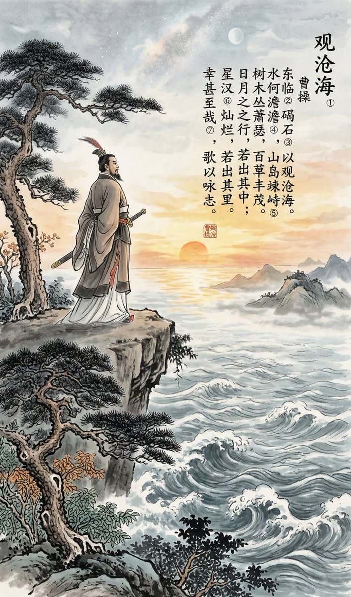 Corey3209's tweet photo. 曹操「観滄海」

東に碣石に臨み、以て滄海を観る。
水何ぞ澹澹たる、山島竦峙す。
樹木叢生し、百草豊茂す。
秋風蕭瑟として、洪波湧起す。
日月が行き、其の中から出づるが若く；
星漢燦爛として、其の里から出づるが若し。
幸い甚だ至れるかな、歌いて以て志を詠ず。

【現代語訳】
東の碣石山に立ち、大海原を望む。波は揺れ、島々がそびえ立つ。木々は茂り、草は豊かだ。秋風が吹き、大波が起こる。太陽も月も、そして銀河の輝きさえ、すべてはこの海から生まれるかのようだ。この至上の喜びを、歌に託して詠もう。
#三国志