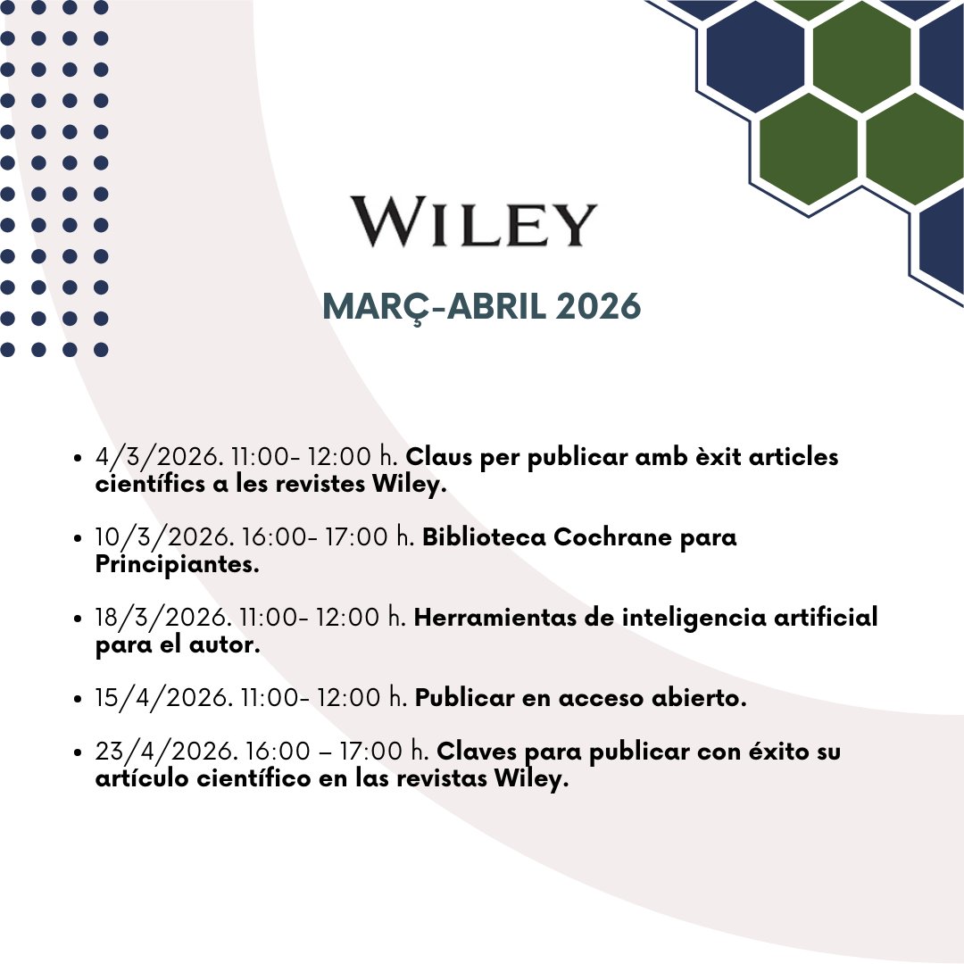 craiURV's tweet photo. 📢 PDI de la @universitatURV, us presentem els webinaris de formació de l'editorial Wiley programats pels mesos de març i abril, adreçats a autors i investigadors espanyols, .  

📝Més informació i inscripció prèvia: https://t.co/1X6fOT836D
🔗https://t.co/A629oBnT5c https://t.co/bVy4TXnMW8