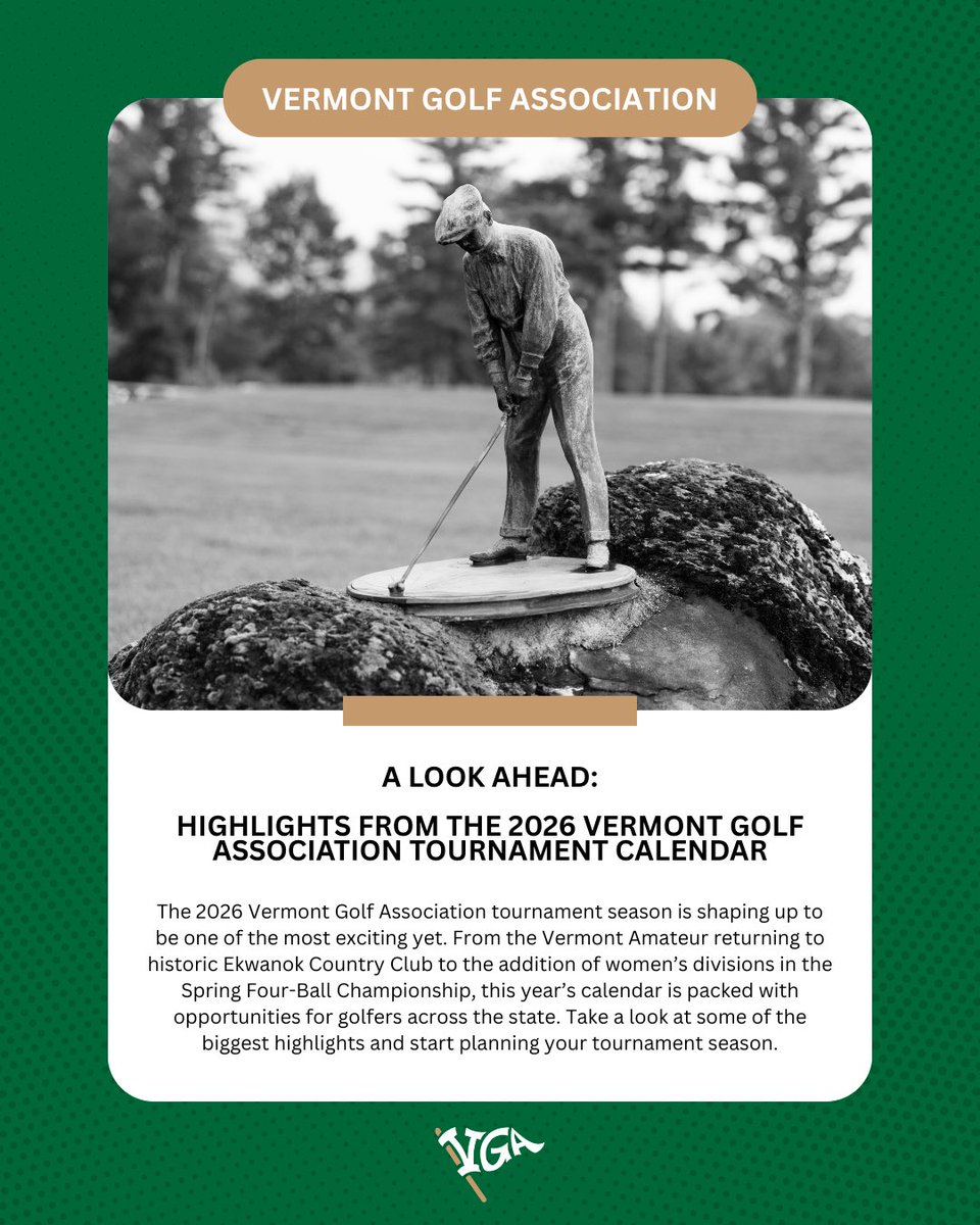 The 2026 Vermont Golf Association tournament calendar is here!

Take a look at the biggest highlights from the upcoming season and start planning your tournament schedule.

Read the full article using the link below:
vtga.org/a-look-ahead-2…