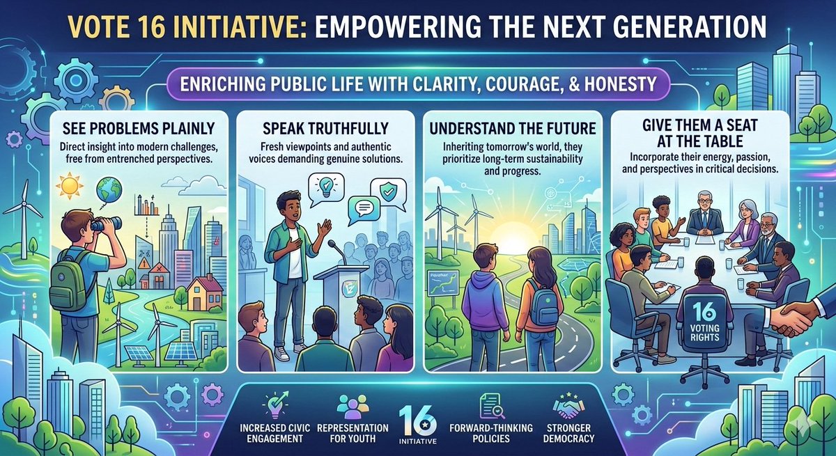 The16Initiative's tweet photo. Sixteen‑year‑olds bring clarity, courage, and honesty that enrich our public life. They see problems plainly. They speak truthfully. They understand the future they’re inheriting. Let’s give them a seat at the table. https://t.co/SeYTwbdEsB