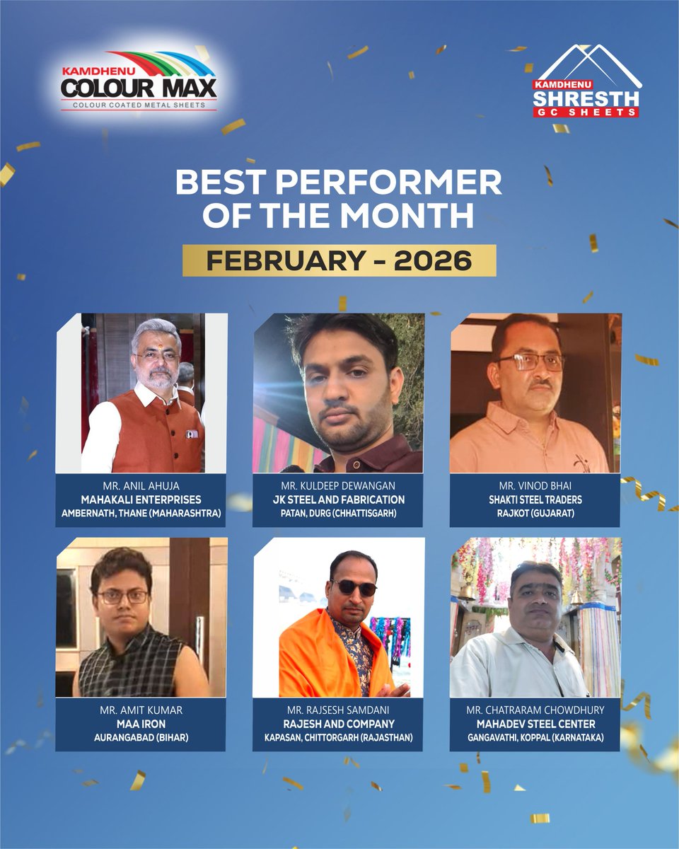 Kamdhenu_Steel's tweet photo. Celebrating our star performers of February 2026! π
Your dedication, consistency, and passion continue to elevate the standards of excellence and trust.
Kamdhenu proudly applauds your remarkable contribution and the true spirit of partnership.
#Colourmax #BharoseKaDoosraNaam https://t.co/x0Ff56eOBn