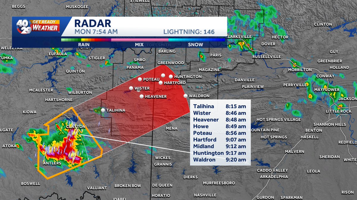 7:56am UPDATE: Here's a look at the track of the Severe Thunderstorm Warning in Pushmataha County, Oklahoma. This looks to move into parts of the River Valley over the next hour. #okwx #arwx #oklahoma #arkansas
