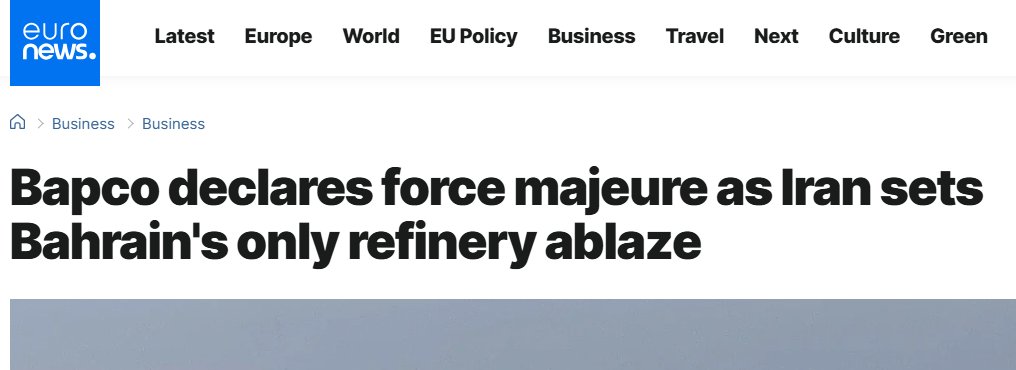 ⚡️Bahrain utlyser Force Majeure och stoppar oljeleveranserna.