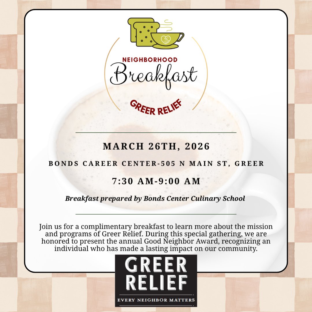 Breakfast with purpose ☕
 Join us for Greer Relief’s Neighborhood Breakfast on Thu, March 26, 7:30–9 AM at Bonds Career Center. 
Click here to register: bit.ly/4trkXpl 
Tag someone who should join you!
 #GreerRelief #CommunityImpact #GreerSC