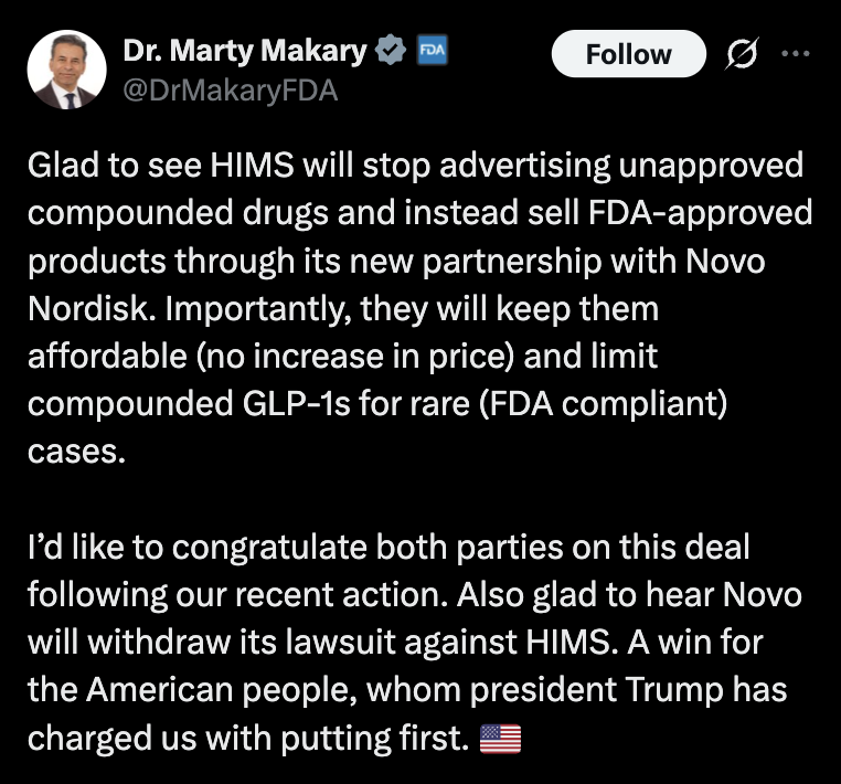 himshouse's tweet photo. 🚨 BREAKING: FDA COMMISSIONER MARTY MAKARY ON $HIMS x $NVO

"I’d like to congratulate both parties on this deal following our recent action."

"Also glad to hear Novo will withdraw its lawsuit against HIMS."

"A win for the American people, whom president Trump has charged us with putting first. 🇺🇸"