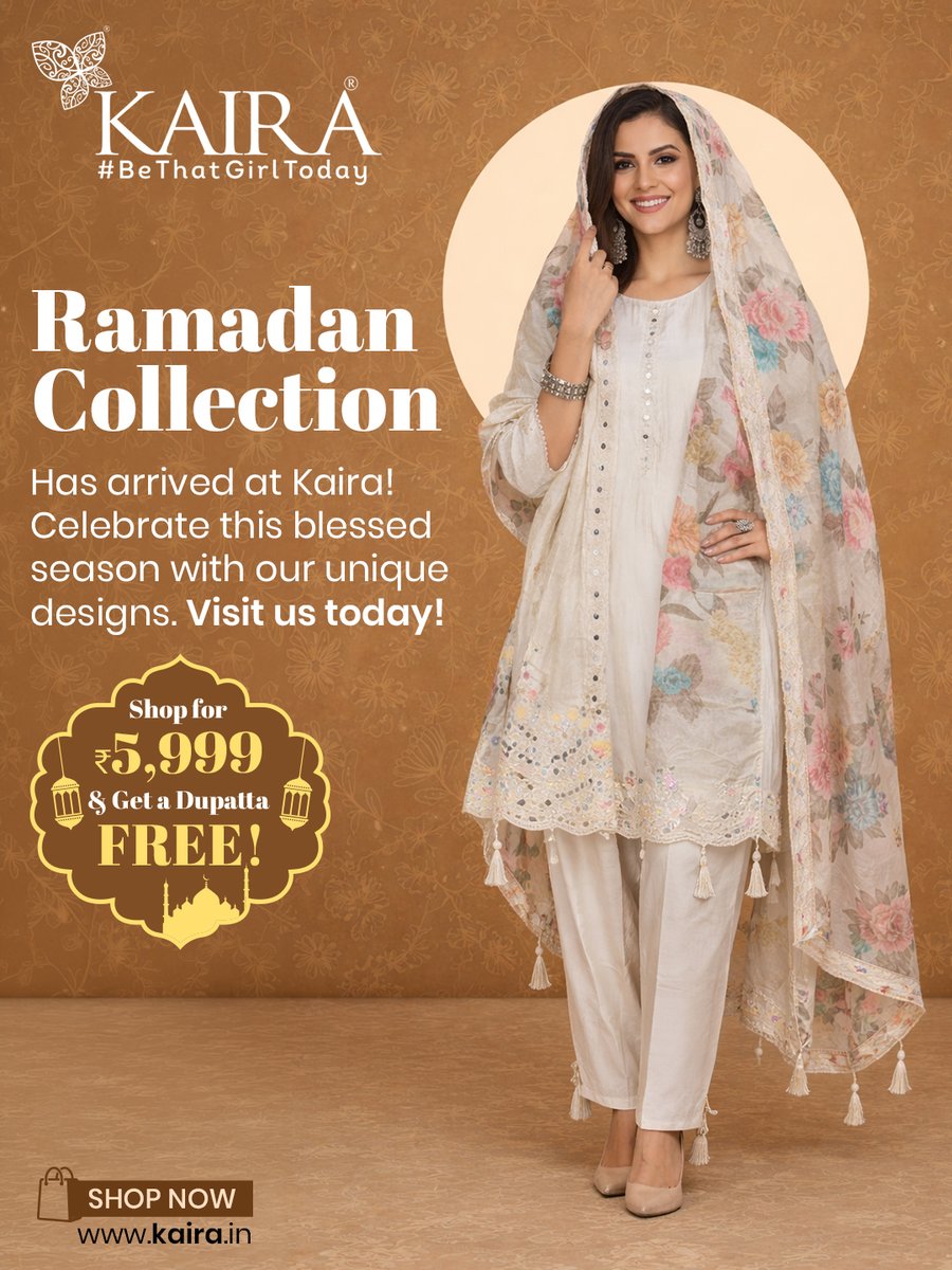 Kaira_India's tweet image. Experience the essence of the season with Kaira’s latest collection. Discover unique, elegant designs and enjoy a free dupatta when you shop for ₹5,999. 

Shop now at: kaira.in

#kaira #ramadancollection #ethnicwear #freedupatta