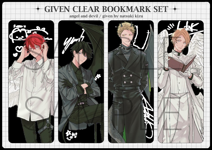 comicomistudio's tweet photo. 💖ご予約受付中💖

『【同人グッズ】ギヴン4連クリアしおり天使と悪魔Ver.』
サークル：キヅナツキ
著：#キヅナツキ／@kizu_ntk

ギヴンキャラクターの天使と悪魔Ver.のクリア4連しおり。
絵柄の裏は透明＋白インクサインなど。

https://t.co/iRiBcvT4zP https://t.co/wiZVROf8iR