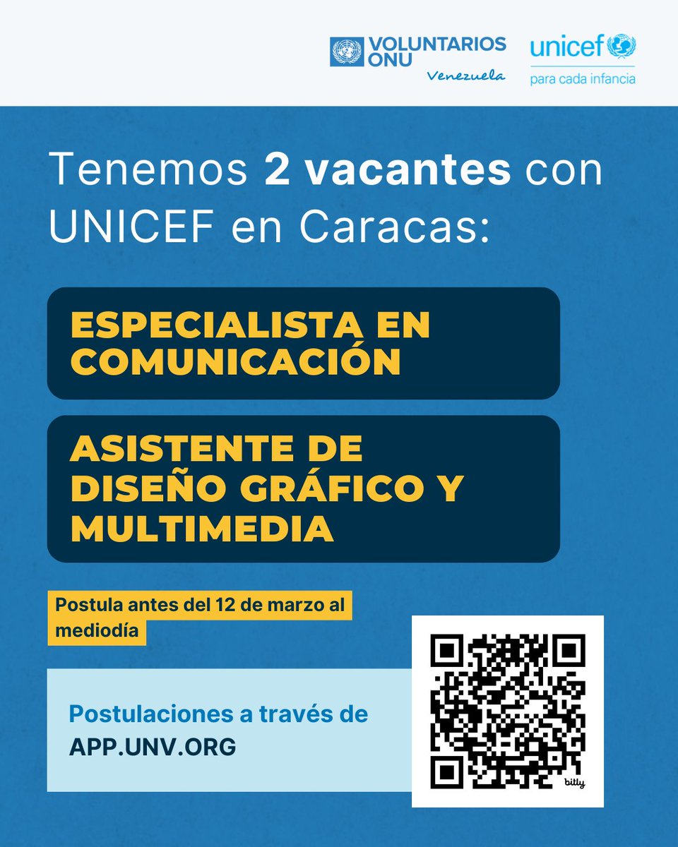 #Vacantes Oportunidades de voluntariado ONU en el área de Comunicaciones para la oficina de Caracas.

Las personas interesadas pueden conocer más sobre estas asignaciones y postularse aquí:  🔗unicef.link/4rBkYFu