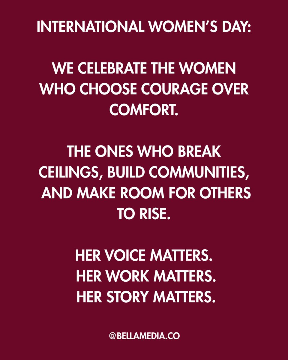 bellamediaco's tweet image. ✨ Monday Motivation ✨

International Women’s Day: we celebrate the women who choose courage over comfort.

The ones who break ceilings, build communities, and make room for others to rise.

Her voice matters.
Her work matters.
Her story matters.

#BELLAMagazine