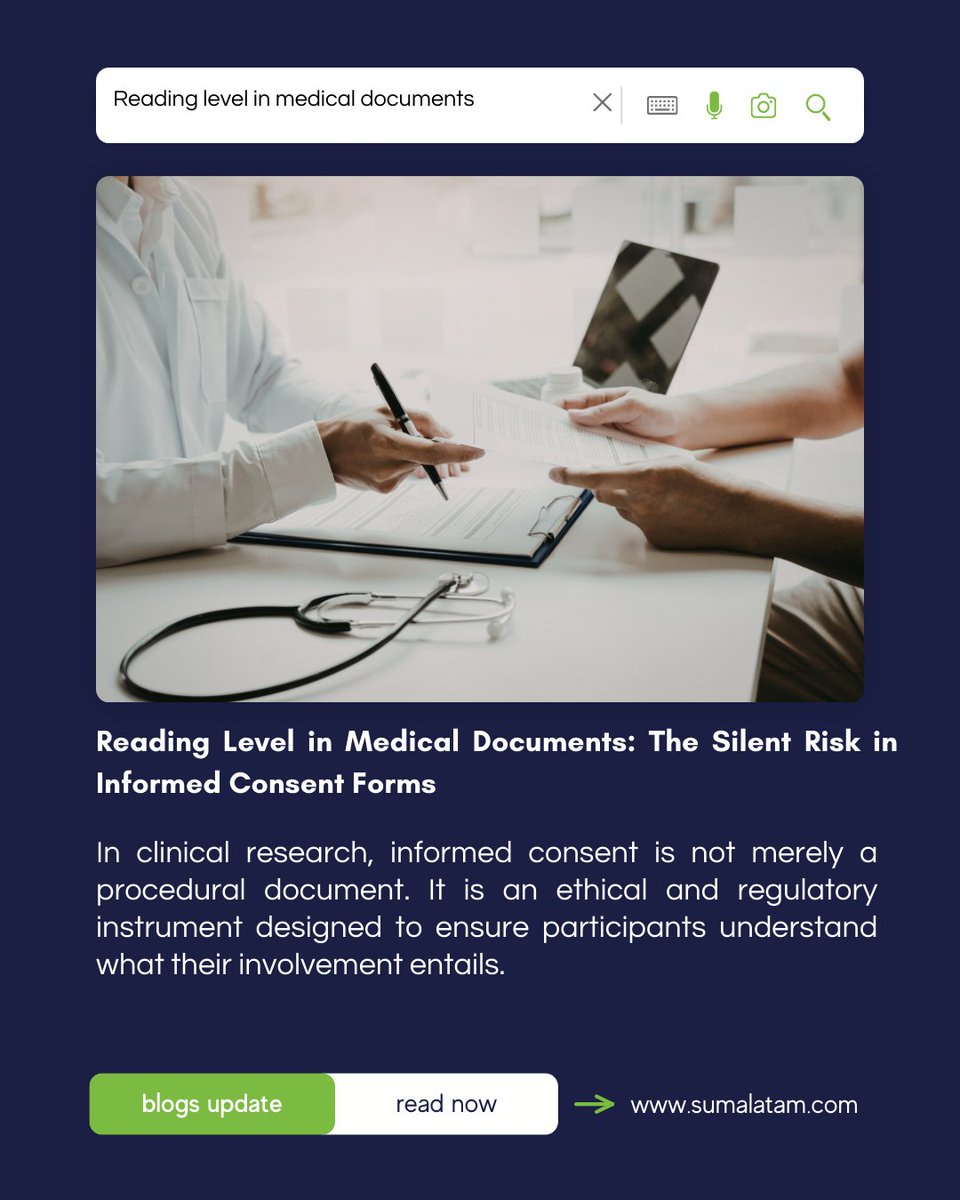 Informed consent should ensure understanding, not just compliance.

But when medical documents are written above the average reading level, participants may sign without fully grasping the study.

Why readability matters in clinical research:

sumalatam.com/reading-level-…

#SumaLatam