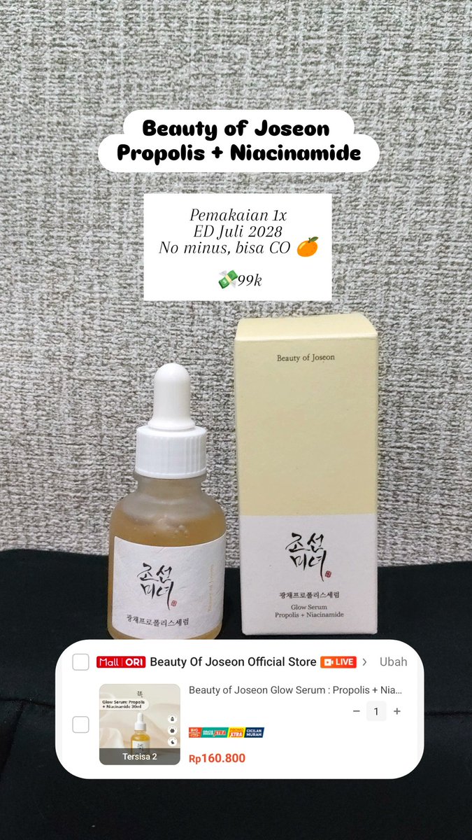 slprjk's tweet photo. 📌WTS Beauty of Joseon Propolis + Niacinamide

-Pemakaian 1x (kurang cocok, kulit sensitif) 
-ED Juli 2028
- No minus, Bisa CO Oyen

💸99k

#zonauang #zonajajan https://t.co/Z94KQyVDcU