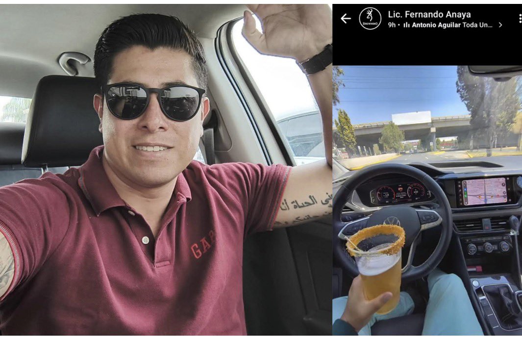 El jefe de Quejas y Denuncias del Órgano Interno de Control de la Secretaría de Arte y Cultura, Fernando Anaya Ayaquica, se toma fotos y las suben a sus redes consumiendo una michelada mientras conducía su automóvil sobre la recta a Cholula. archivo.e-consulta.com/blogs/corte/el…