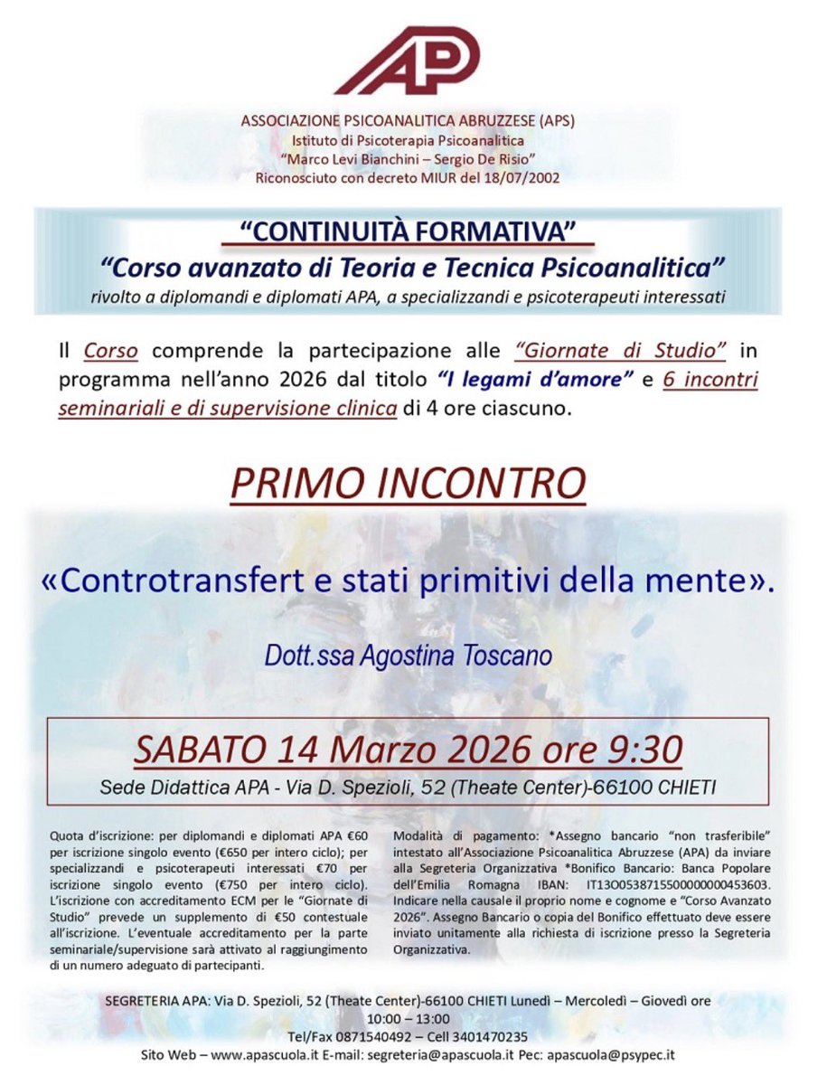 «Controtransfert e stati primitivi della mente»
Per info e iscrizioni: apascuola.it/controtransfer…