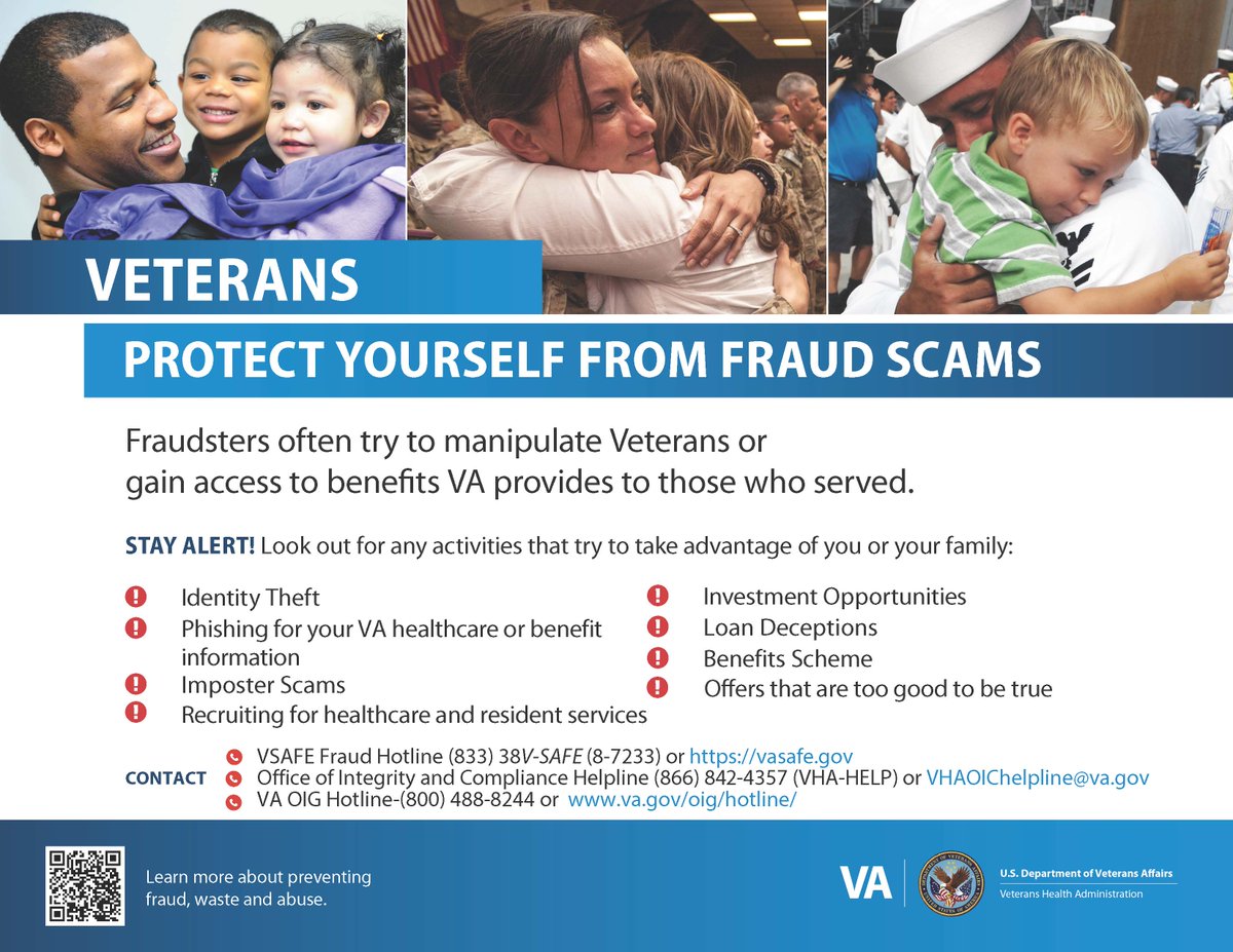 ⚠ SCAM ALERT: Veterans should NEVER pay for VA or Community Care appointments up front. VA does not charge upfront fees or request payment by email, text, or phone. If you get a suspicious letter or call, contact your VA medical center to verify and report it to 866 842 4357 or