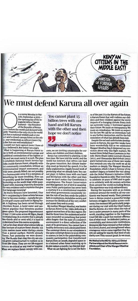 "You cannot plant 15 billion trees with one hand and fell Karura with the other."
<a href="/MathaiWanjira/">Wanjira Mathai</a>  calls out unauthorized construction in Karura Forest ,a contradiction to Kenya’s climate leadership.
Protect our forests. #TeamGBM 🌳