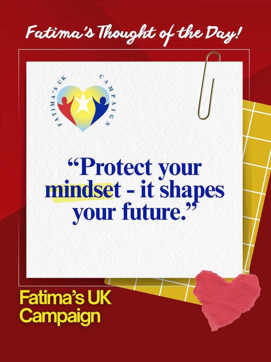 FatimaWh1tbread's tweet image. Fatima’s Thought of the Day: “Protect your mindset — it shapes your future.”

Today’s Thought:
What you repeatedly think becomes what you believe. Guard your thoughts carefully.

#FatimasUKCampaign #FatimaWhitbread #PositiveMindset #CareLeaversMatter #FutureFocused