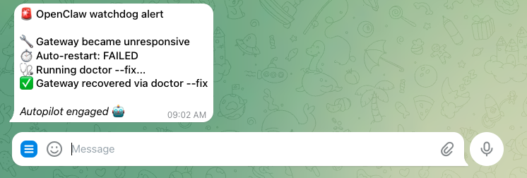 passiveclaw's tweet photo. 🛠️ Shipped AI ops stack this weekend:

• Self-healing gateway (mac cron + watchdog) ⛑️
• Free + local persistent memory solution! 🧠
• Telegram 9 multi-agent automation ☎️
• Mission Control dashboard (pixel art office) 🚀

The robots are running the robots now 🤖

@openclaw https://t.co/isPZiswQpA