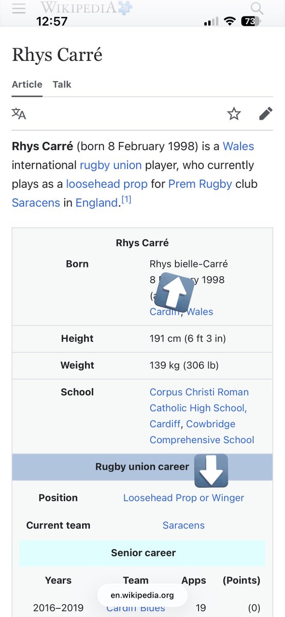 The_MarkJones's tweet photo. Someones latest update to @RhysCarre Wikipedia page 

@WelshRugbyUnion #M6N https://t.co/7AJS43X1bM