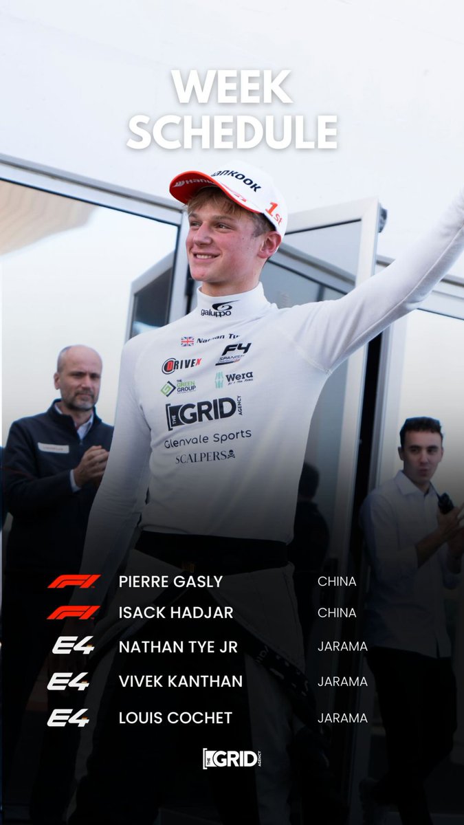 PG10__Inside's tweet image. 🔵 Le programme de la semaine des pilotes The Grid ! 

- Formule 1 : Pierre Gasly &amp;amp; Isack Hadjar 
- F4 : Nathan Tye JR, Vivek Kanthan, Louis Cochet

#F1 #F4 #ChineseGP