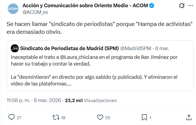 JulianMaciasT's tweet image. ACOM ya no solo señala y pone en la diana a periodistas por contar la verdad sobre Israel, ahora también señala a Sindicatos de Periodistas como @MadridSPM.
Ya está bien.