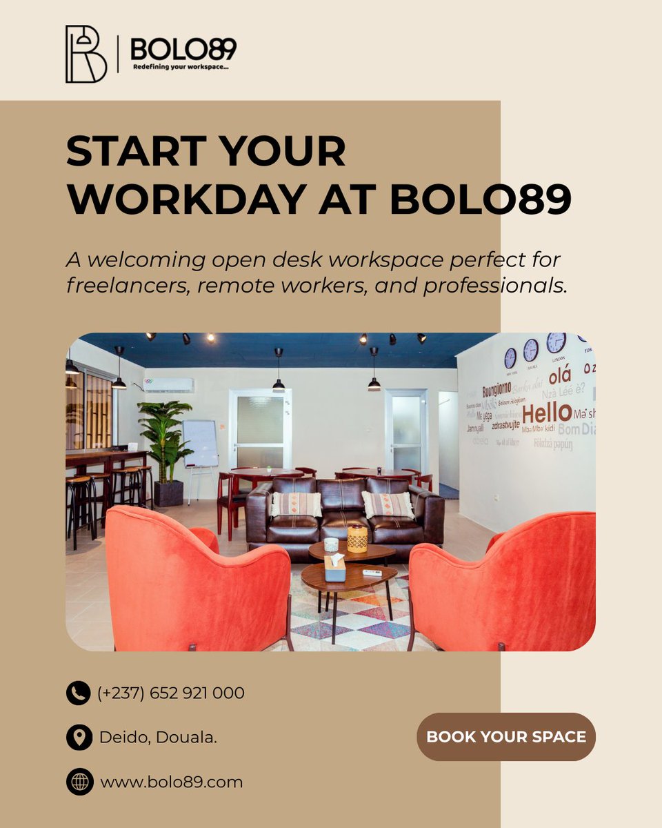 𝗬𝗢𝗨𝗥 𝗣𝗥𝗢𝗗𝗨𝗖𝗧𝗜𝗩𝗘 𝗪𝗢𝗥𝗞𝗦𝗣𝗔𝗖𝗘 𝗜𝗡 𝗗𝗢𝗨𝗔𝗟𝗔
Need a comfortable place to work for the day? BOLO89 offers a welcoming open desk environment designed for focus and productivity.
Book your workspace today.
#BOLO89 #Coworking #OpenDesk #Cameroon