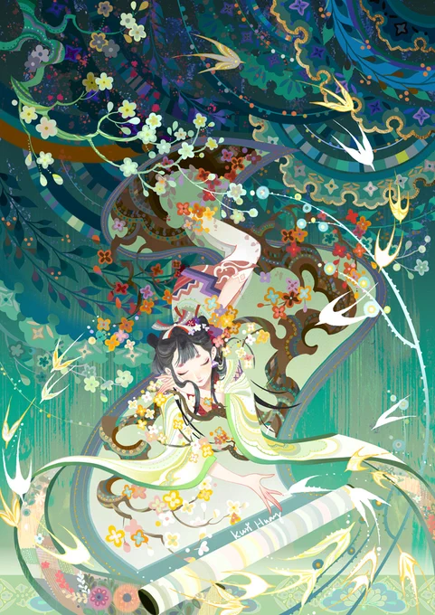 Spring vibes 花鸟卷-芬芳 A piece I did a while ago. Really loved painting all these intricate flowers and the green palette!