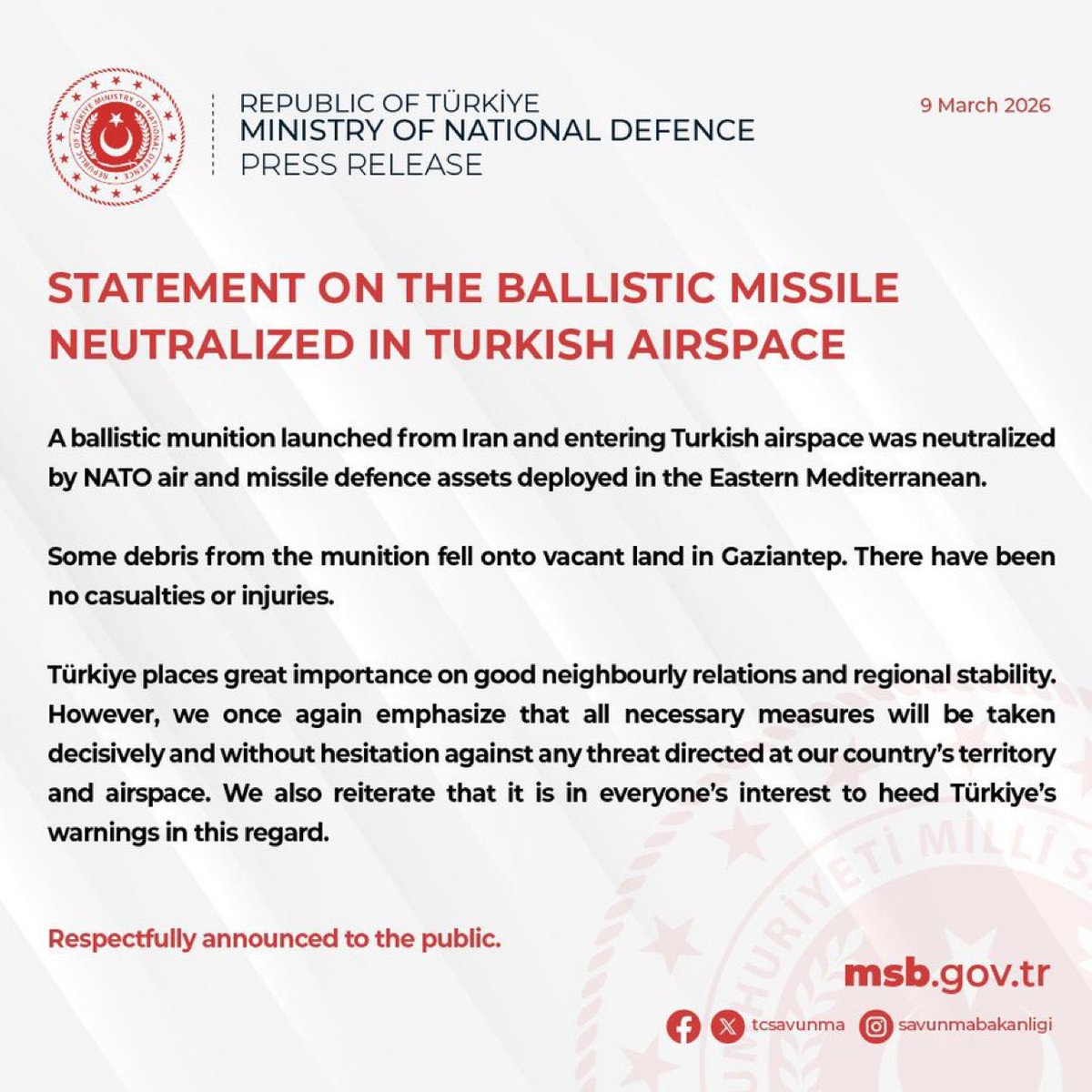 🚨BREAKING: NATO SHOT DOWN IRANIAN BALLISTIC MISSILE ENTERING TURKISH AIRSPACE

Turkey’s defense ministry says NATO air defenses intercepted and destroyed the missile after it entered the country’s airspace as per Reuters.