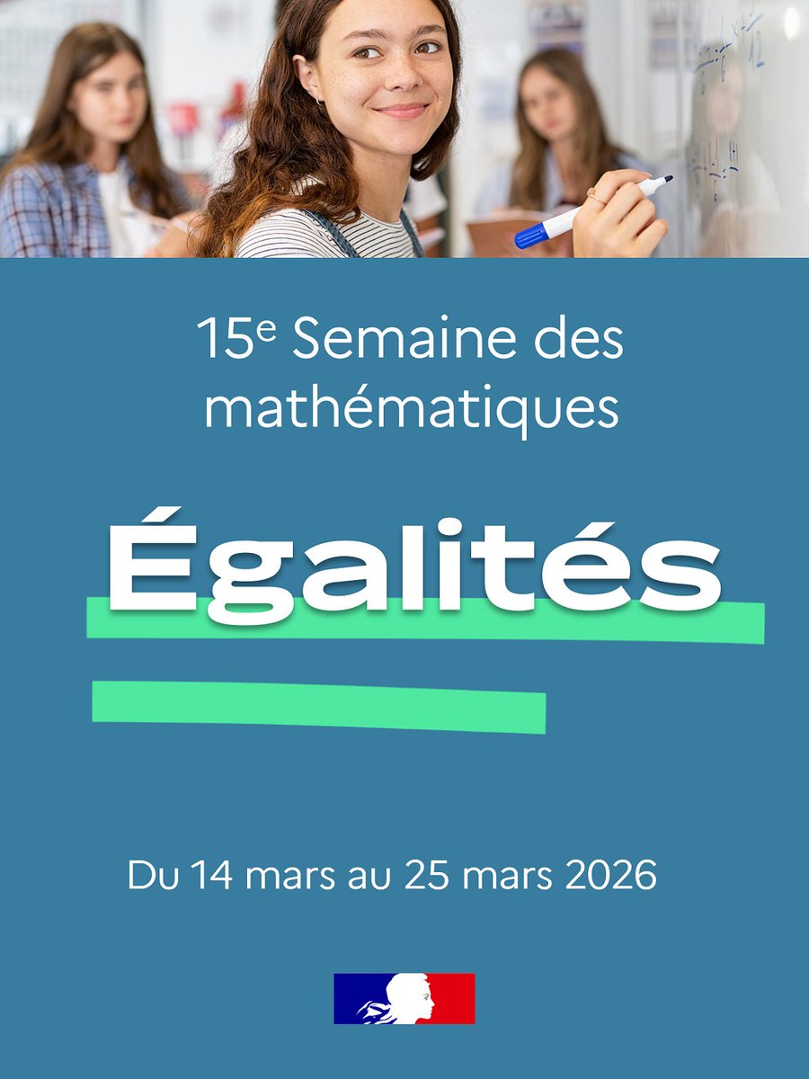 📢 Rdv du 14 au 25 mars pour la Semaine des mathématiques ! 

Cette édition 2026 sur le thème 🟰 Égalités est l'occasion de promouvoir la mixité dans les parcours scientifiques et d'offrir une image actuelle, vivante et attractive des mathématiques ⤵

eduscol.education.gouv.fr/6471/semaine-d…