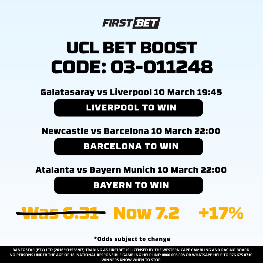 FirstbetSA's tweet photo. UCL Odds Boost Live

Today's UEFA Champions League games just got more exciting⚽

We’ve boosted the odds on selected markets.

More value. Bigger wins. Same epic football.

Bet now on FirstBet https://t.co/qYRVTj6rK3

#FirstbetSA #UCL #ChampionsLeague https://t.co/AwnN9PsjXY