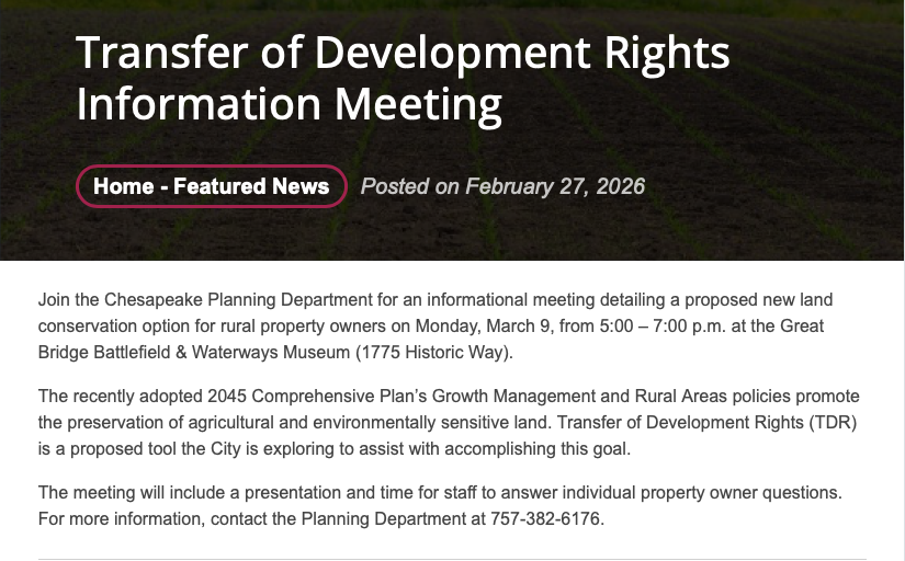 GoingGoingGonse's tweet photo. Market Intelligence Monday 🧵

Chesapeake has been discussing additional land conservation tools, including something called Transfer of Development Rights (TDR).

Here’s the simple explanation 👇

Normally, the value of land is tied to the ability to develop it.

A TDR program separates development rights from the land itself.

That means a landowner could potentially sell development rights while keeping the land.

Those rights can then be purchased by developers and used to increase density in areas where the city wants growth.

Result:

🌾 Rural land preserved
🏗 Growth directed to infrastructure areas
💰 Landowners compensated

Chesapeake already has a conservation program called OSAP, where the city purchases development rights from farmland owners.

A TDR program works differently because it creates a market where development rights can be bought and sold.

Cities use tools like this to guide growth, preserve farmland, and manage infrastructure costs.
Still early discussions locally, but policies like this can shape land values long before the market notices.

#MarketIntelligenceMonday #ChesapeakeVA