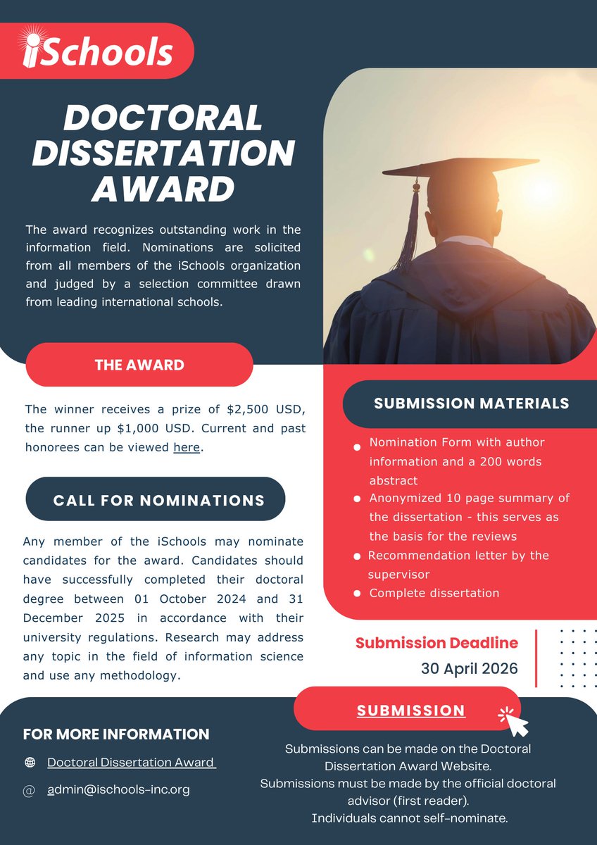 iSchools's tweet photo. iSchools Doctoral Dissertation Award 
Call for Nominations

Deadline 30 Apr.
Read more: https://t.co/cWQ9VdWEDs https://t.co/GdNmpnYe5I