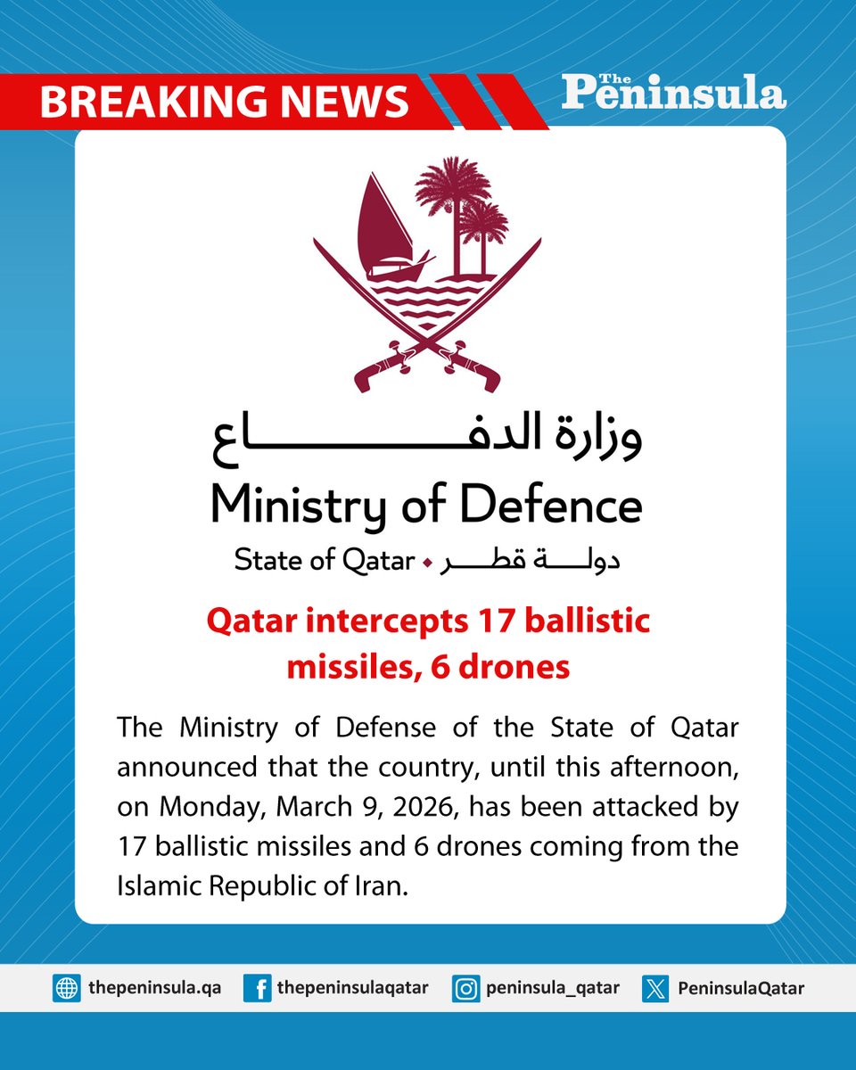 PeninsulaQatar's tweet photo. The Ministry of Defense added that its armed forces had successfully intercepted all the ballistic missiles, and the drones without any casualties.

🔴 LIVE UPDATES: https://t.co/IfEJXcO0PV https://t.co/QQIKFpqmfi