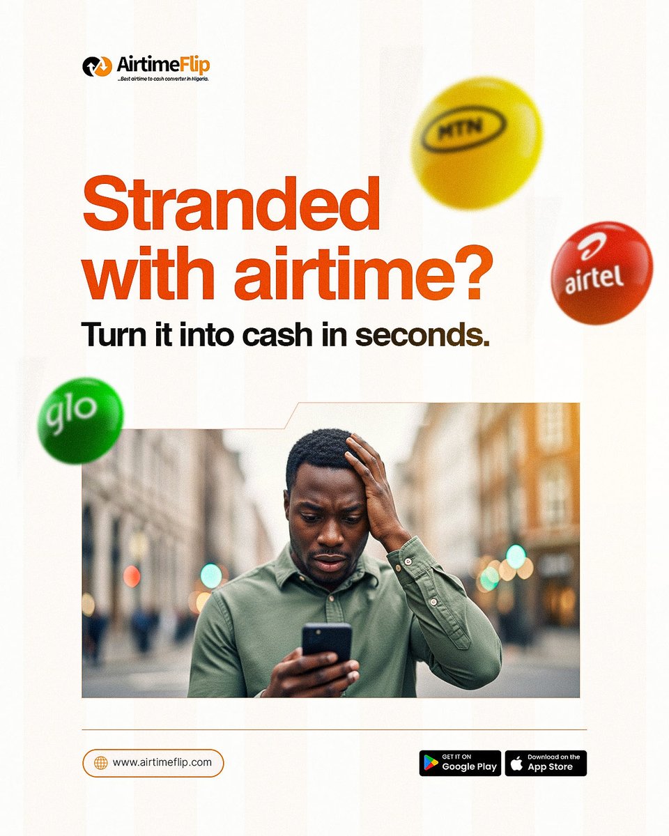airtimeflip's tweet image. Got unused airtime sitting on your line? 📱

Don’t let it go to waste—turn it into real cash in seconds with AirtimeFlip. 💳

Convert your MTN, Airtel, or Glo airtime instantly, securely, and start spending your money the smart way. 💸

#AirtimeFlip #InstantCash #SmartMoneyMoves