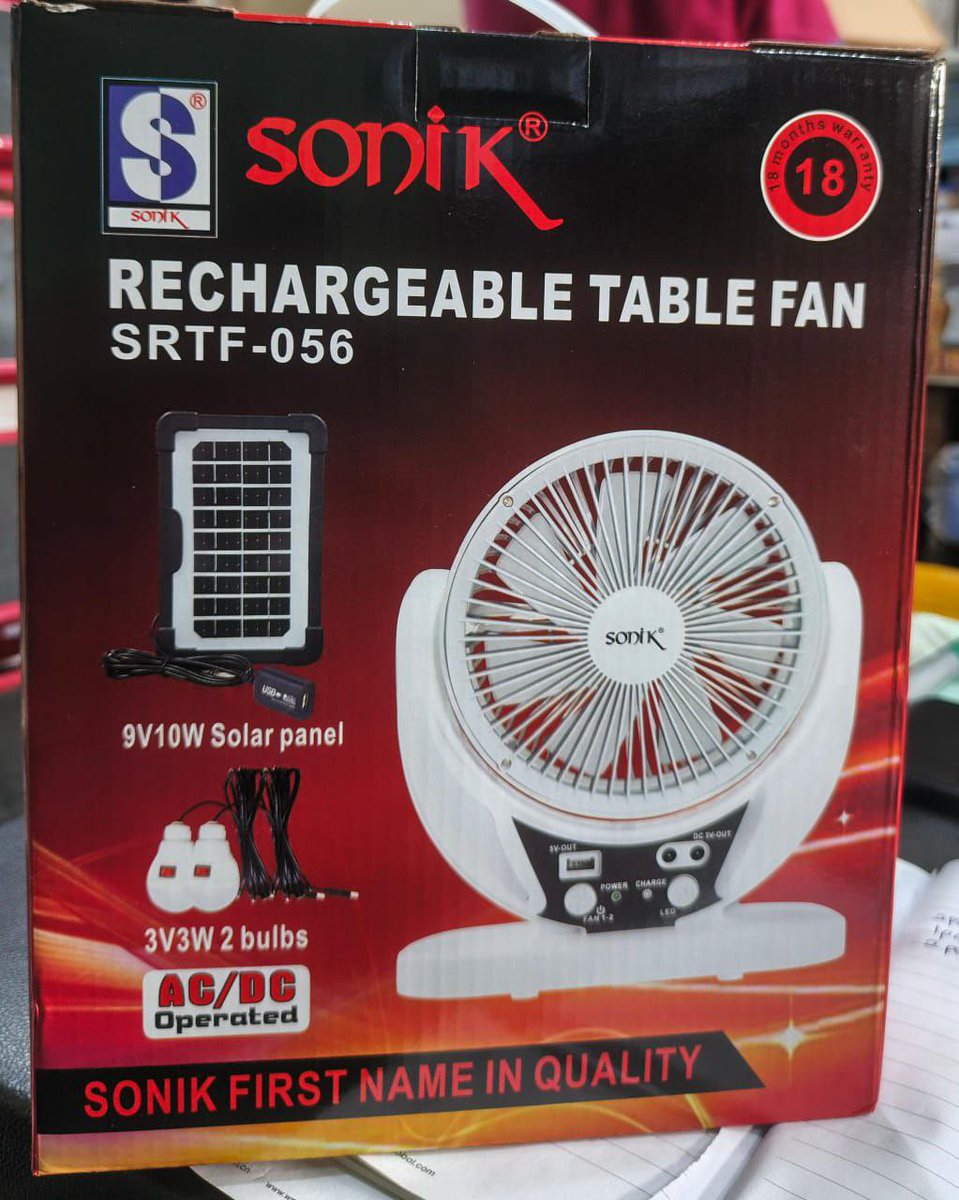 I’ve got rechargeable fans for sale. 

Frame 1:  Sonic 14” Rechargeable fan 45,000 naira

Frame 2: Lithium Electric rechargeable fan . 48V
With one battery; ₦25,000.
With 2 batteries; ₦30,000

Frame 3:  6" Sonik rechargeable table fan with 2 bulb and solar panel 🥰. ₦27,000