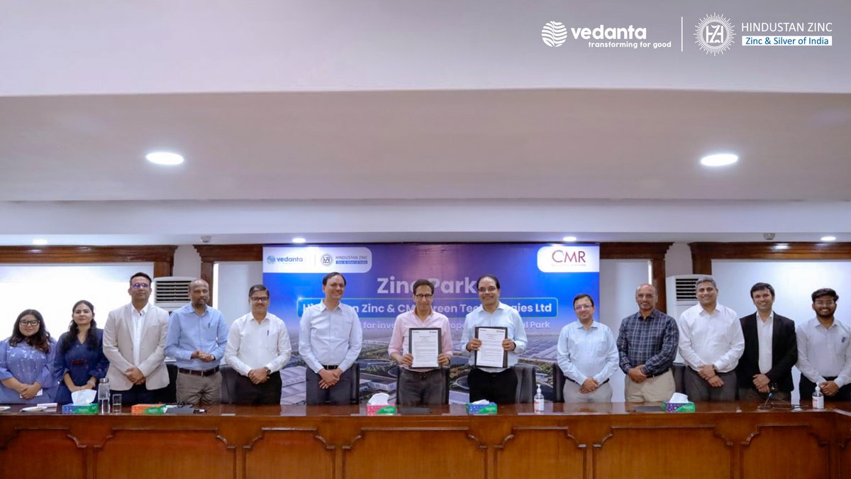 Hindustan_Zinc_'s tweet photo. A new step towards building India’s integrated zinc ecosystem.
Hindustan Zinc signs a strategic MoU with @cmrgreengroup to set up a zinc alloy facility at Zinc Park, advancing circular manufacturing and value-added zinc applications.
#HindustanZinc #HZL #ZincPark https://t.co/fF4x7o9TdX