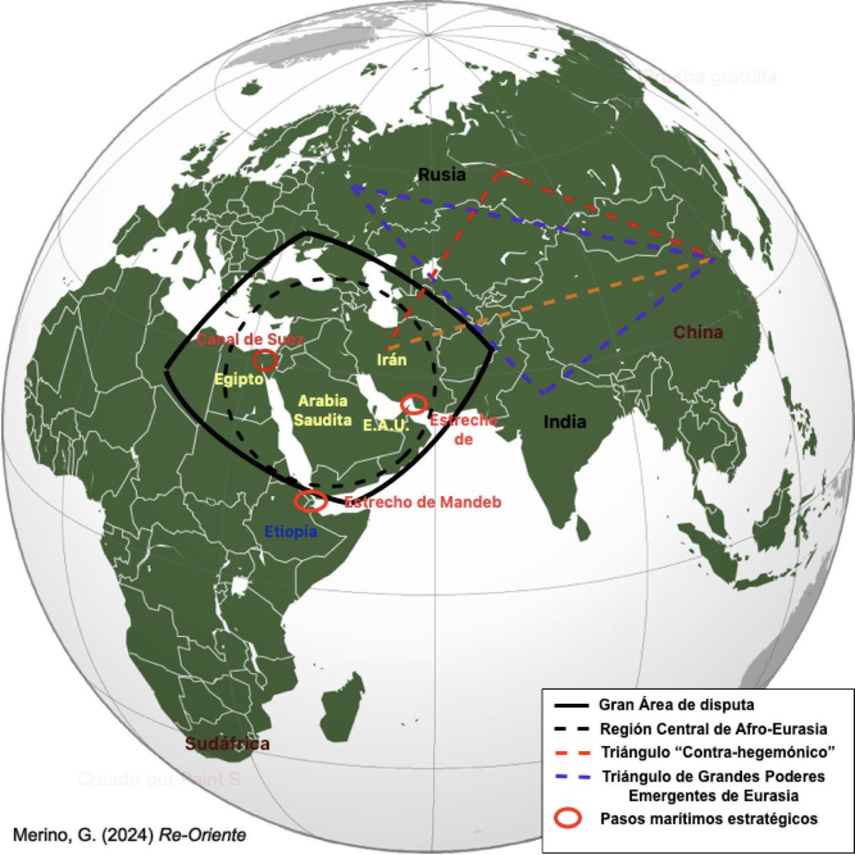 Este mapa es una herramienta para analizar el conflicto entre EE. UU. e Israel contra Irán, insertándolo en un escenario geopolítico mucho más amplio. Fue elaborado originalmente para acompañar una publicación en 2024 y otra en 2025 (link.springer.com/article/10.100…).

El análisis parte