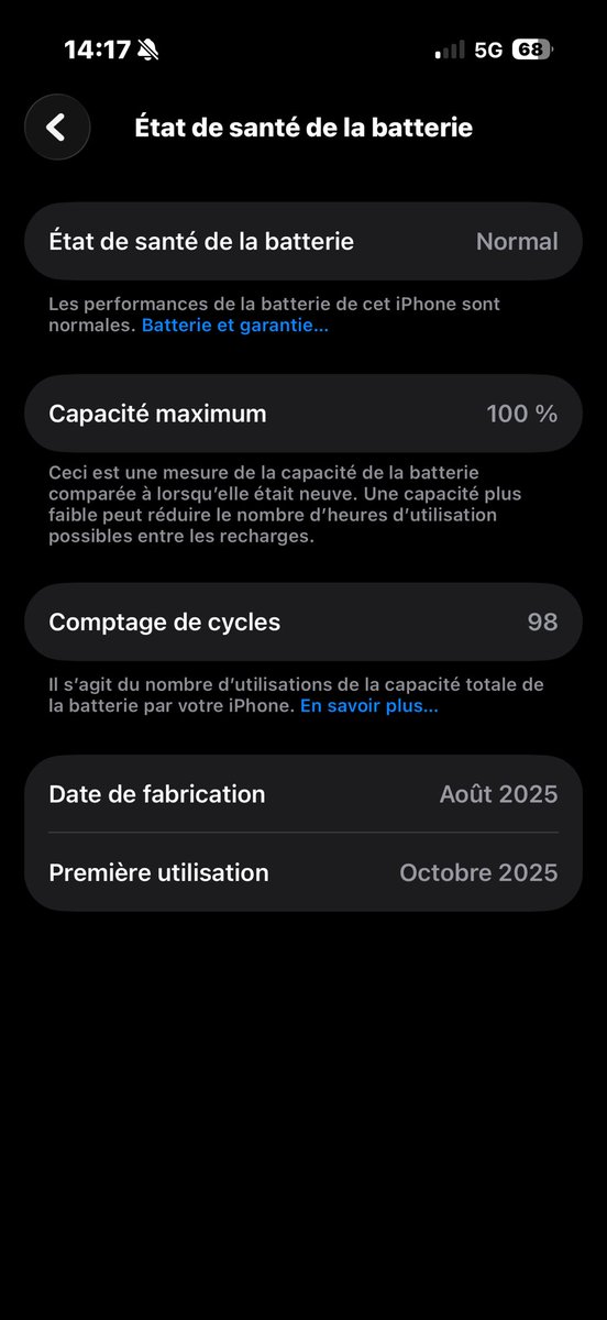 wkuSlay's tweet photo. @pierre54v Tu c’est juste pas l’utiliser j’ai acheter le 17 pro en fin octobre 2025 est regarde y’a pas de problème c’est toi le problème tu c’est juste pas mettre une limite de charge etc.. https://t.co/wUmVxWNpXk