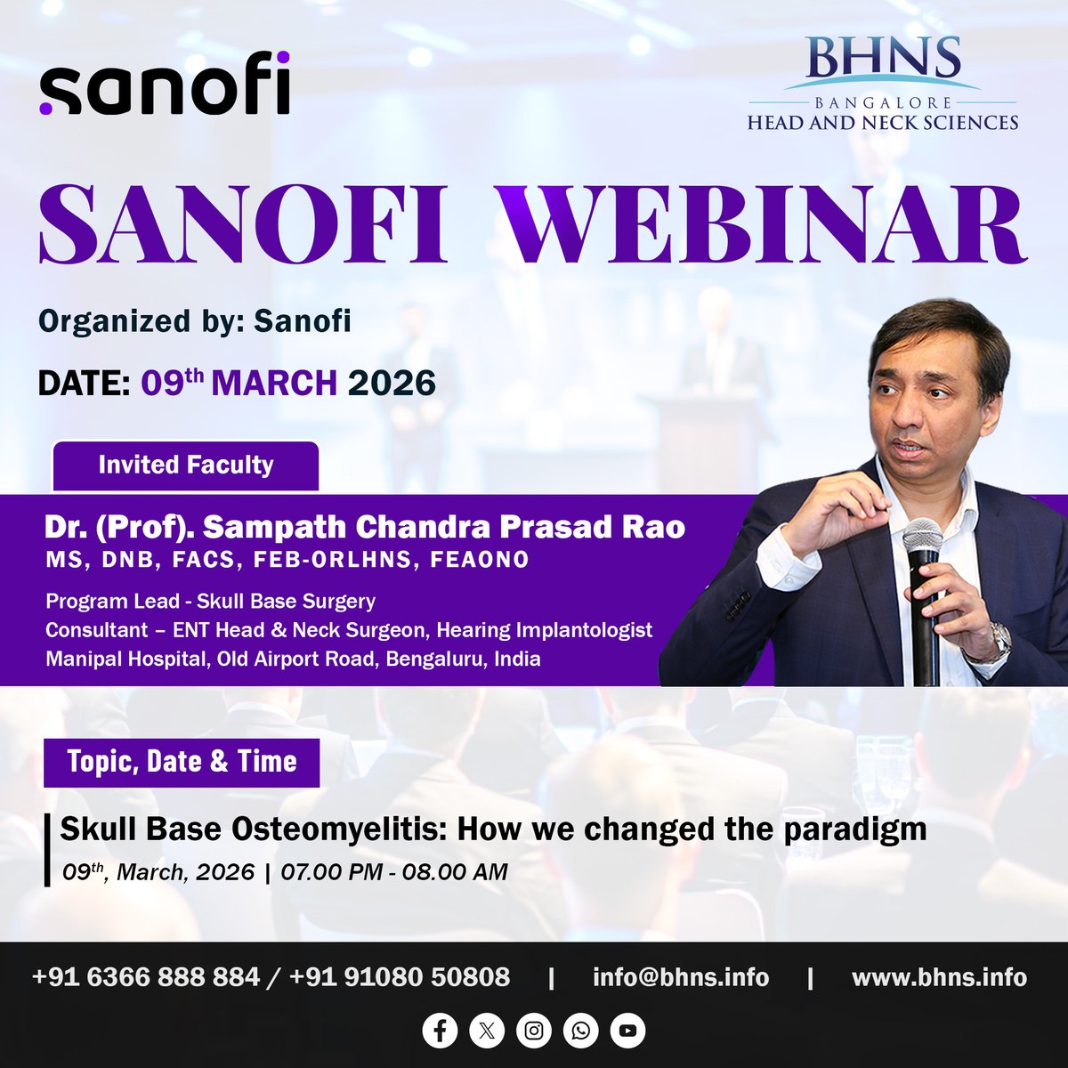 _bsbi_'s tweet photo. Honoured to be invited as Faculty for the Sanofi Webinar on 9th March 2026 at 7:00 PM. I will be speaking on:
Skull Base Osteomyelitis: How We Changed the Paradigm.

Join the webinar:
https://t.co/mEavW041UO https://t.co/77wkwwmGQo