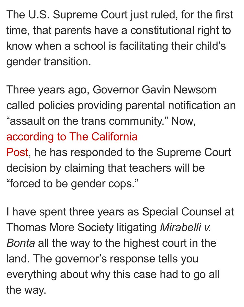 ThomasMoreSoc's tweet photo. 🗣️“I have spent three years as Special Counsel at @ThomasMoreSoc litigating Mirabelli v. Bonta all the way to the highest court in the land,” says @PaulJonna in @californiapost &amp; @nypost. “The governor’s response tells you everything about why this case had to go all the way.” ⬇️ https://t.co/Xpoid72zRU