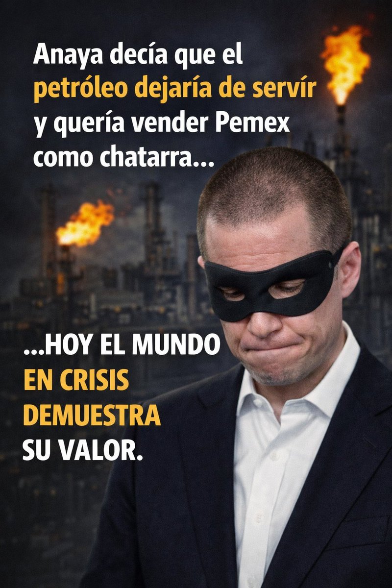 ensanar's tweet photo. Ricardo Anaya decía que para estas fechas el petróleo ya no serviría y que todo sería eléctrico.
La realidad mundial hoy lo desmiente de forma contundente.
El petróleo sigue moviendo la economía global: energía, industria, transporte, plásticos y fertilizantes.
Aquella narrativa tenía un propósito muy claro: justificar la entrega de Pemex como si fuera chatarra sin futuro.
Hoy el mundo vive crisis energéticas y el petróleo vuelve a demostrar su valor estratégico.
Quedó claro: no era un error de pronóstico, era el pretexto para vender la soberanía energética de México.
C.C @RicardoAnayaC  @AccionNacional