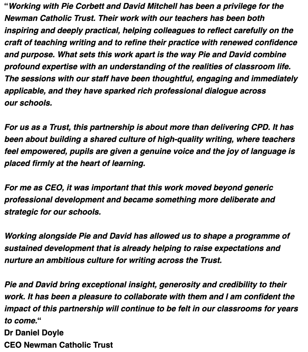 DeputyMitchell's tweet photo. **HEADTEACHERS**
Could your whole school writing outcomes be better? 
@PieCorbett &amp; I have been working with MATs/clusters on long term writing CPD projects for over 4 years now. 

We are looking for schools to work with next academic year. Do take a look:
https://t.co/wTDlE9a9US https://t.co/fNu8ev4l3O